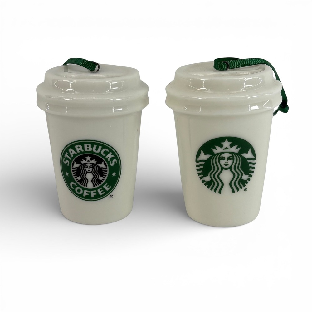 Starbucks Holiday 2016 Ceramic Coffee Cup Ornaments Set of‎ 2 White Green Logo